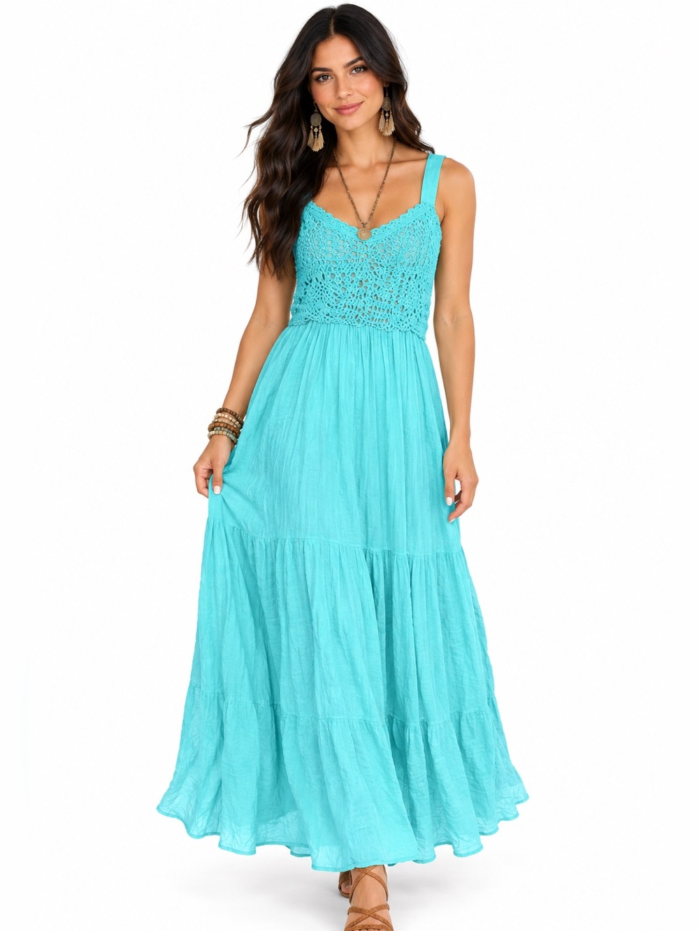 Lola P. 100% Cotton Turquoise Crochet Bodice Maxi Dress